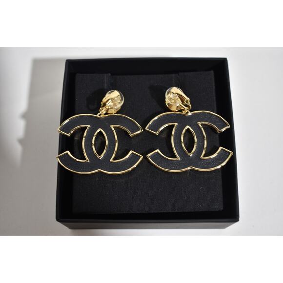 Chanel 23S XL Gold Black Crystal Clip On CC Logo Dangle Drop Statement Earrings - Picture 11 of 12